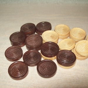 Set of 30 Wood Checkers 15 of each Maple and Walnut Playing Board Game Stackable