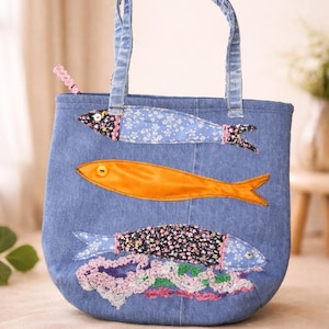 Handmade Denim Fish Tote Bag, Cute Ocean Bag, Upcycled Patchwork Purse