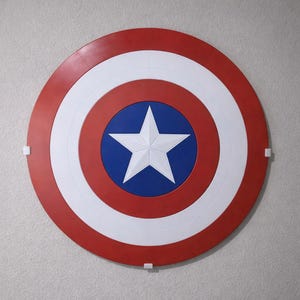 May include: A circular shield with a red outer ring, a white middle ring, and a blue center. A white five-pointed star is in the center. The shield is mounted on a light gray wall.