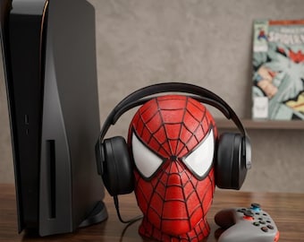 Spider Hero Headphone Stand, 3D Printed Paintable Bust, Gamer Desk Headset Holder Gift