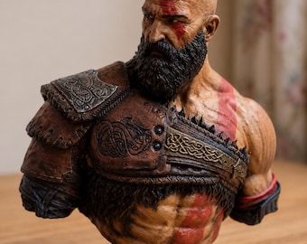 Kratos Bust 3D Printed Hand Painted Gamer Desk Statue with Pedestal Base
