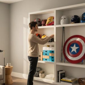 May include: A white shelving unit displaying various superhero helmets and a Captain America shield. The helmets are in various colors, including red, gold, and blue. A person is standing in front of the shelf, arranging the items. The shield is red, white, and blue.