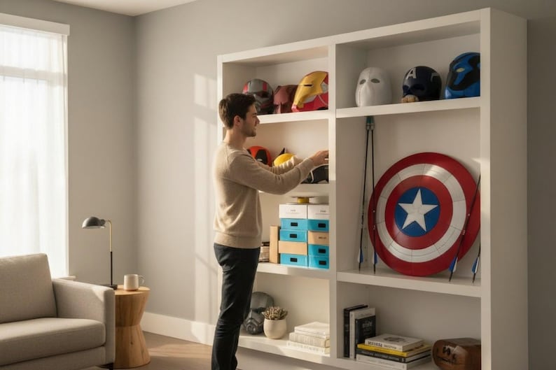 May include: A white shelving unit displaying various superhero helmets and a Captain America shield. The helmets are in various colors, including red, gold, and blue. A person is standing in front of the shelf, arranging the items. The shield is red, white, and blue.