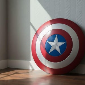 May include: A Captain America shield, featuring a red, white, and blue color scheme. The shield has a white star on a blue circle in the center, surrounded by concentric red, white, and red rings. It leans against a white wall.