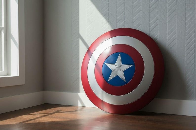 May include: A Captain America shield, featuring a red, white, and blue color scheme. The shield has a white star on a blue circle in the center, surrounded by concentric red, white, and red rings. It leans against a white wall.