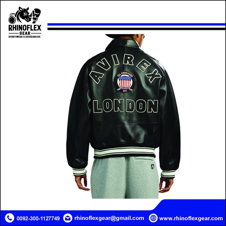 May include: A black leather varsity jacket featuring the text AVIREX LONDON in white lettering on the back. A circular patch with a red, white, and blue American flag design and the text ALL AMERICANS ESTABLISHED 1975 is centred on the back.