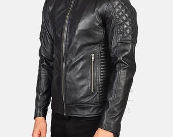 Men's Black Genuine Leather Cafe Racer Biker Jacket, Slim Fit Motorcycle Style