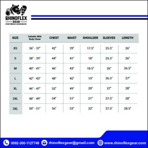 May include: A size chart for Rhinoflex Gear sportswear featuring a table with columns for size, body chest, chest, waist, shoulder, sleeves, and length measurements in inches, ranging from XS to 3XL, with contact information at the bottom.