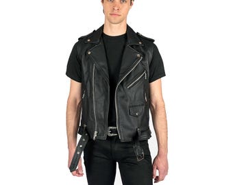 Herren Echtleder Biker Weste, schwarze Motorrad Punk Weste, Custom Fit
