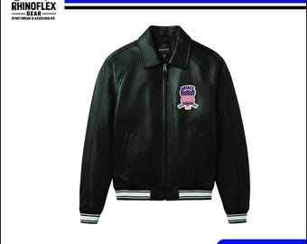 Schwarze Leder-Varsity-Jacke | Vintage Streetwear Bomberjacke | Unisex Letterman Mantel