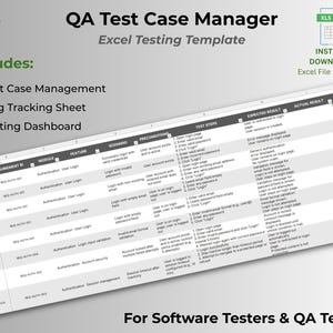 Może przedstawiać: Szablon Excel do zarządzania przypadkami testowymi QA. Obraz zawiera zarządzanie przypadkami testowymi, arkusz śledzenia błędów i pulpit nawigacyjny testowania. Szablon jest przeznaczony dla testerów oprogramowania i zespołów QA.