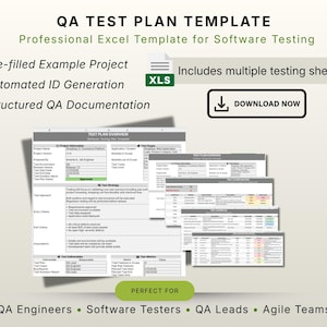 Può includere: Un modello Excel professionale per il test del software, intitolato "QA TEST PLAN TEMPLATE". Include progetti di esempio precompilati, generazione automatica di ID e documentazione QA strutturata. Include più fogli di test e un pulsante di download.