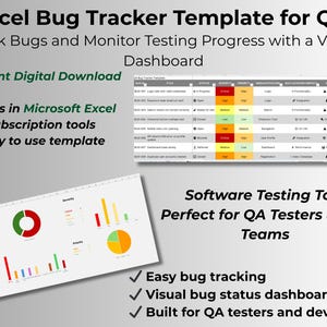 Peut inclure: Modèle Excel numérique de suivi des bogues pour l'assurance qualité, suivant les bogues et surveillant les progrès des tests. Comprend un tableau de bord visuel, fonctionne dans Excel et est prêt à l'emploi.