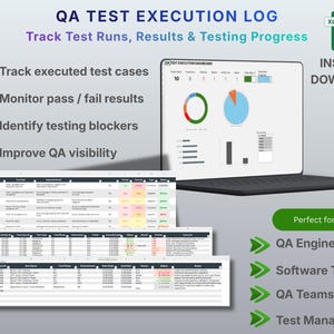 Può includere: Un registro digitale di esecuzione dei test QA visualizzato sullo schermo di un laptop, con grafici e tabelle di dati. L'immagine include il testo "QA TEST EXECUTION LOG" e "Track Test Runs, Results & Testing Progress". Presenta anche un'icona di spunta verde e il testo "Instant Download".
