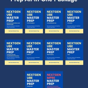 May include: A collection of blue and yellow book covers with the text "NEXTGEN UBE MASTER PREP" and various law topics. The title "NextGen Bar Exam Master Prep All-in-One Package" is at the top.