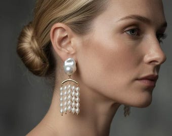 Baroque Pearl Tassel Earrings Fringe Dangle Bridal 925 Silver