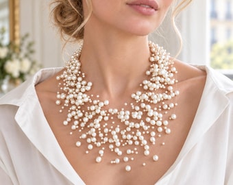 32 Strand Freshwater Pearl Necklace Statement Bridal Jewelry Layered Wedding Collar Handmade Couture Necklace
