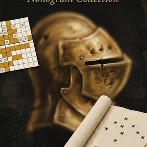 May include: A digital mystery pattern titled THE FORGOTTEN HELM - Nonogram Collection. The image features a golden knight's helmet, a grid-based nonogram puzzle with X marks, and a piece of fabric with cross-stitch markings. Text reads SOLVE STITCH REVEAL.