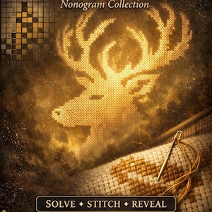 Könnte beinhalten: Ein digitales Mystery-Muster mit dem Titel "The Silent Stag" mit einem goldenen Hirschdesign. Das Bild zeigt einen Hirschkopf im Kreuzstichstil, eine Nadel und die Worte "Solve, Stitch, Reveal."
