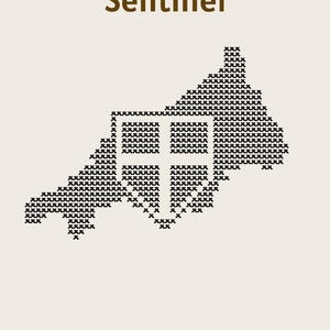 Può includere: Design grafico con il testo "The St. Piran's Sentinel" in marrone, sopra un'immagine nera a punto croce di una mappa. Lo sfondo è beige chiaro.