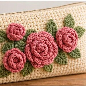 May include: A cream-colored crochet zippered pouch featuring three dimensional pink rose appliqués and green crocheted leaves. A long cream-colored tassel hangs from the brass-toned zipper pull on the left side of the rectangular bag.