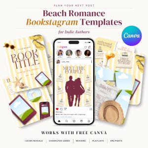 May include: A collection of digital social media templates for book promotion featuring yellow and white striped backgrounds, beach-themed icons, and a smartphone displaying an Instagram feed with the text Beach Romance Bookstagram Templates.