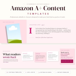 May include: A digital template set for Amazon A+ Content featuring a romance author bundle. The design includes a book cover graphic, a chapter one excerpt, reader reviews, and promotional text on a light pink background with dark text.