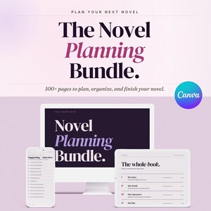 May include: A digital novel planning bundle displayed on a computer monitor, a tablet, and a smartphone. The text reads: Plan your next novel, The Novel Planning Bundle, 100+ pages to plan, organise, and finish your novel, and The whole book.