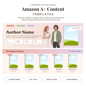 Pode incluir: Um modelo digital para conteúdo Amazon A+ apresentando um pacote para autores de romance. O layout inclui seções para biografia, coleções de livros e estatísticas. O texto inclui 'A Romance Author Bundle', 'Author Name' e títulos.