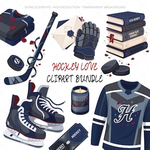 Puede incluir: Un conjunto de elementos de clipart con temática de hockey, que incluyen un palo de hockey, discos, patines, una camiseta, libros y un sobre. El texto "HOCKEY LOVE CLIPART BUNDLE" está en rojo. La combinación de colores es principalmente azul marino y gris.