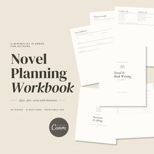 May include: A printable novel planning workbook for authors featuring 45 pages and 9 sections. The document includes pages titled Story dashboard, Character profile, Protagonist info, Antagonist info, Novel & Book Writing Planner, and Revision & editing.