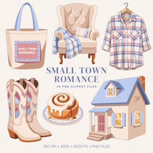 Może przedstawiać: Cyfrowa kolekcja grafik zatytułowana Small Town Romance, zawierająca beżową torbę z naszywką w kratę, fotel z niebieskim kocem, koszulę w kratę, kowbojki, cynamonkę na talerzu oraz dom z niebieskimi okiennicami.