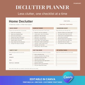 Agenda per riordinare casa stampabile, lista di controllo per riordinare modificabile, guida digitale per l'organizzazione stanza per stanza, quaderno di lavoro per riordinare