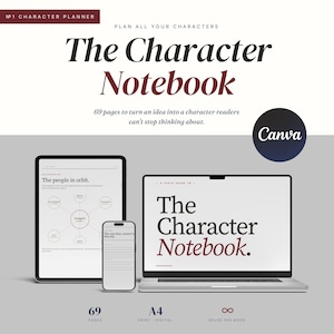 Puede incluir: Un planificador de personajes digital titulado The Character Notebook, mostrado en una tableta, un teléfono inteligente y una computadora portátil. La pantalla muestra una plantilla de desarrollo de personajes con el texto The people in orbit.