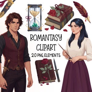 Pakiet Romantasy Clipart, 20 PNG z motywem fantasy romansu, Clipart książkowy, Clipart postaci z książek fantasy, Cyfrowe pobieranie do użytku komercyjnego