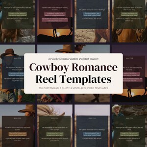 Puede incluir: Una colección digital de plantillas de carretes Cowboy Romance con 100 plantillas de video de citas y estados de ánimo personalizables para autores y creadores, mostradas con varias imágenes de vaqueros y superposiciones de texto.