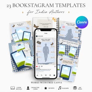 23 plantillas de Bookstagram Canva para autores independientes, kit de marketing para autores de novela romántica, presentación de portadas, inscripciones para ARC, reseñas y presentación de personajes.