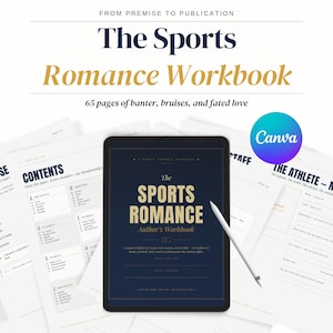 May include: A digital tablet displaying a dark blue cover titled The Sports Romance Author's Workbook in gold text, accompanied by a white stylus and several printed pages featuring content outlines, tables, and headers for sports fiction writing.