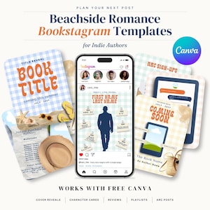 May include: Digital social media templates for authors featuring a smartphone displaying an Instagram profile. The designs include text like Beachside Romance Bookstagram Templates, Book Title, Coming Soon, and First Name Last Name with beach-themed graphics.