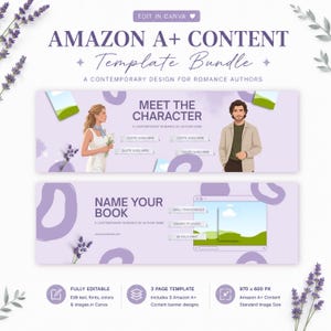 May include: An Amazon A+ Content template bundle for romance authors featuring lavender accents. The design includes banners with text like MEET THE CHARACTER and NAME YOUR BOOK, illustrations of a person, and placeholders for quotes and book details.