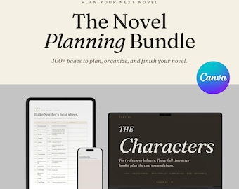 Novel Planning Workbook, 100 Page Printable Writing Planner, Character, Plot & Scene Templates, Canva Editable, Author Bundle PDF