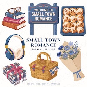 Può includere: Una collezione digitale di clipart a tema Small Town Romance che include una pila di libri con occhiali, un cartello in legno, una teglia di girelle alla cannella, cuffie blu, una coperta a quadri, un cestino da picnic e un bouquet di fiori blu.