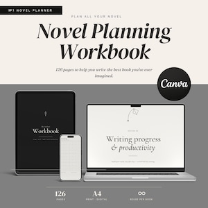 Planejador de escrita de romance para imprimir, modelo editável de 126 páginas para planejamento de livro no Canva, caderno de exercícios para autores em PDF, modelo para perfil de personagem, enredo e capítulos.