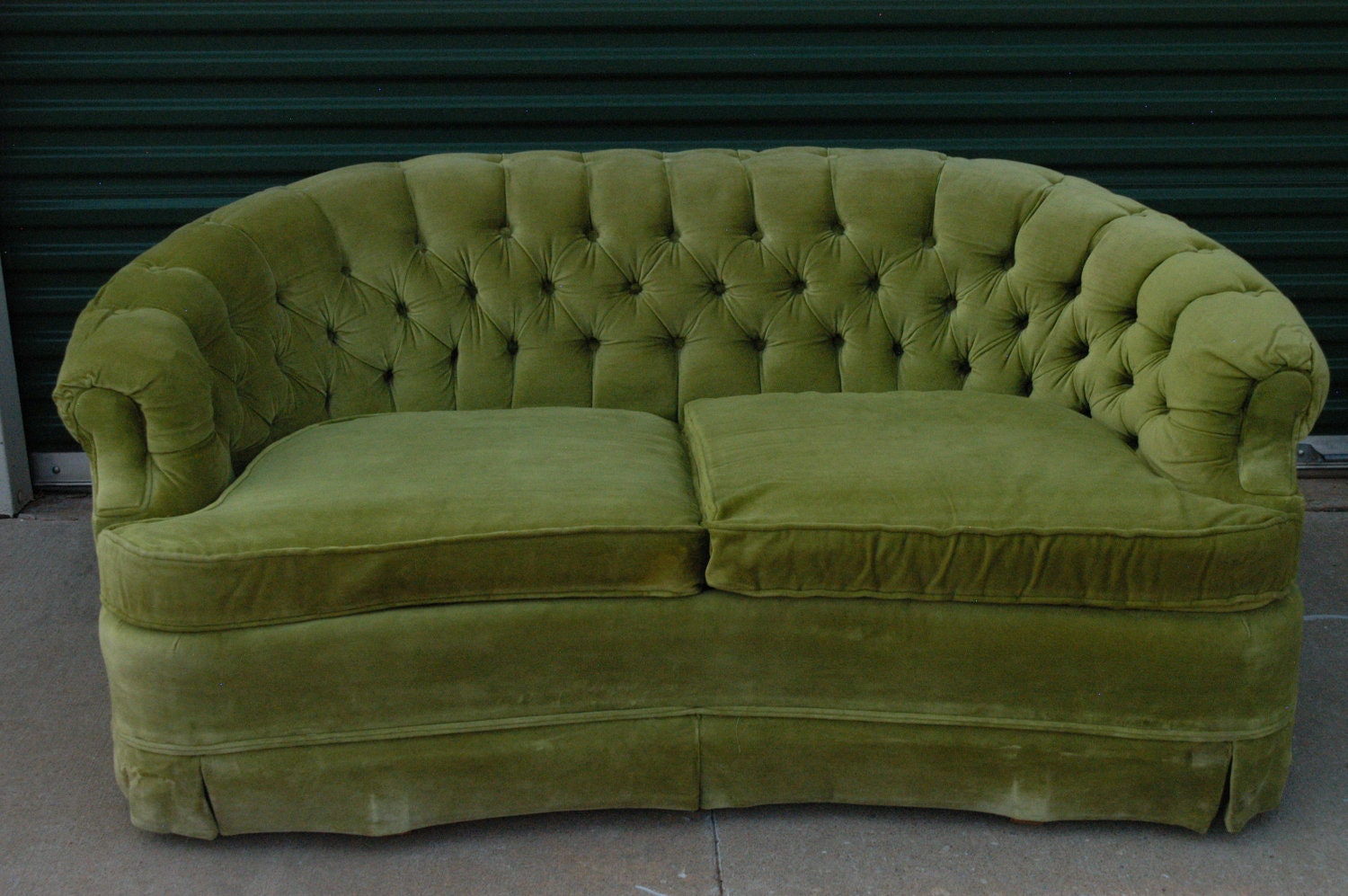 Vintage Lime Green Loveseat Sofa by Broyhill Tufted Velour