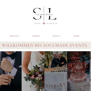 Könnte beinhalten: Website-Startseite für Soulmade Events, mit Logo und Navigationsmenü. Darunter steht auf einem Banner "Willkommen bei Soulmade Events" mit Eventfotos, darunter eine Hochzeitszeremonie und -empfang.