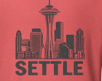 Camiseta Seattle Settle – Camiseta divertida de Seattle – Camiseta con el horizonte de Seattle – Camiseta con humor del noroeste del Pacífico – Camiseta gráfica minimalista