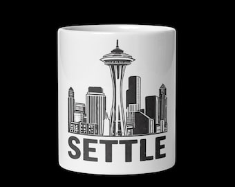 Taza Settle Seattle – Taza Space Needle – Taza divertida con el horizonte de Seattle – Taza de café sarcástica – Regalo del noroeste del Pacífico