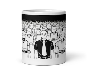 Taza "El hombre entre los robots" – Taza divertida con humor tecnológico – Taza de café "No es un robot" – Taza con humor sobre IA – Regalo para amantes de la tecnología