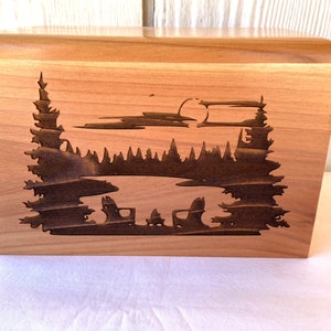 Small Adult Wood Cremation Urn, Sit By The Lake, Camp Fire, Adult Size Redwood Container with Personalized Name and Dates