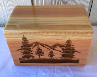 Redwood Cremation Urn: Engraved Mountain & Trees, Small Adult Urn